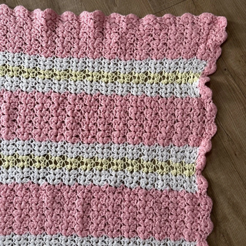 Vintage Crocheted Pink , Yellow & White Baby Blanket  Scalloped Edge
